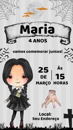 Convite Aniversário Wandinha Addams para Editar Online