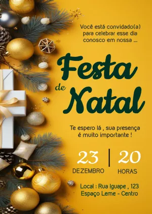 Convite de Festa de Natal com Enfeites Dourados para Editar