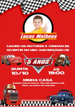 Convite Aniversário Carros com Foto para Editar Online