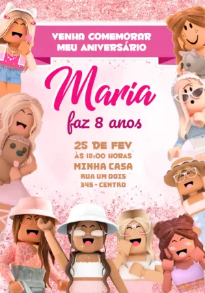 Convite Aniversário Roblox Rosa Menina para Editar Online
