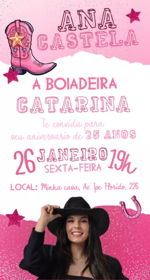 Convite Aniversário Boiadeira Rosa com Foto para Editar