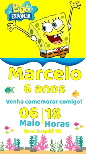 Convite de Aniversário Bob Esponja para Editar Online