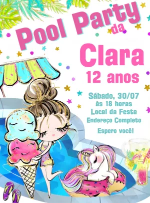 Convite Aniversário Pool Party Fofo para Editar Online