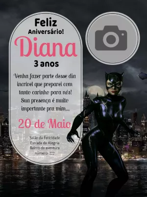 Convite Aniversário Mulher Gato com Foto para Editar Online