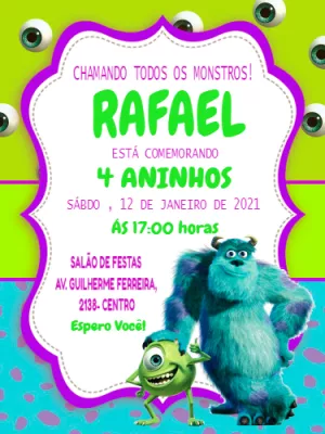 Convite Aniversário Monstros SA com Mike e Sulley para Editar