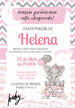 Convite Chá de Fraldas Elefantinha Rosa para Editar Online