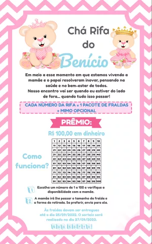 Convite Chá Rifa Ursinha Princesa para Editar Online