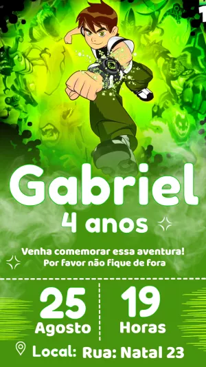 Convite de Aniversário Ben 10 para Editar e Imprimir