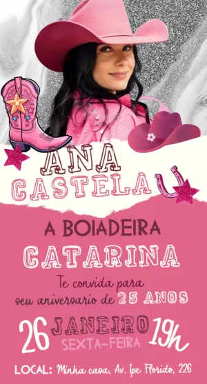 Convite de Aniversário Boiadeira Rosa para Editar Online
