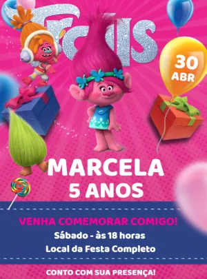 Convite de Aniversário Trolls com Personagens para Editar Online