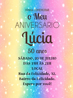Convite Aniversário Arco-íris com Glitter Editável Online