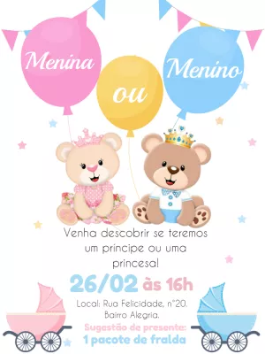 Convite Chá Revelação Ursinhos Realeza para Editar Online