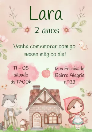Convite Aniversário Chapeuzinho Vermelho Aquarela para Editar
