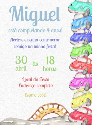 Convite Aniversário Carrinhos Aquarela para Editar Online