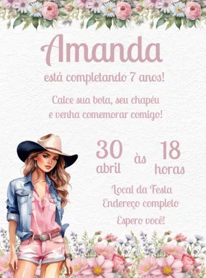 Convite Aniversário Boiadeira Floral em Aquarela para Editar