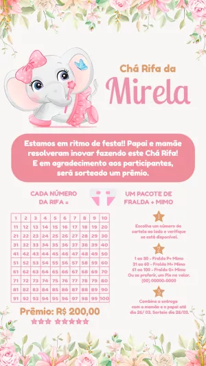 Convite Chá Rifa Elefantinha Rosa para Editar Online
