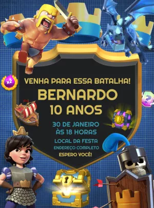 Convite Aniversário Clash Royale com Personagens para Editar