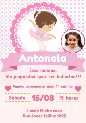 Convite Aniversário Bailarina com Foto para Editar Online