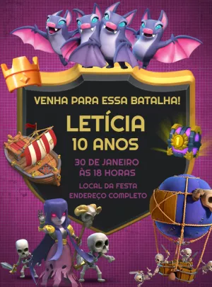 Convite de Aniversário Clash Royale com Personagens para Editar