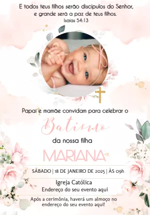 Convite de Batizado Floral com Foto para Editar Online
