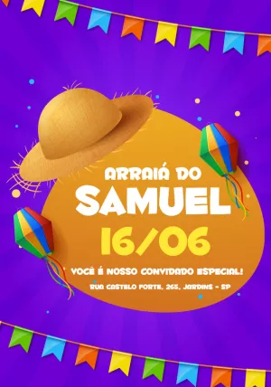 Convite Aniversário Festa Junina com Chapéu de Palha para Editar