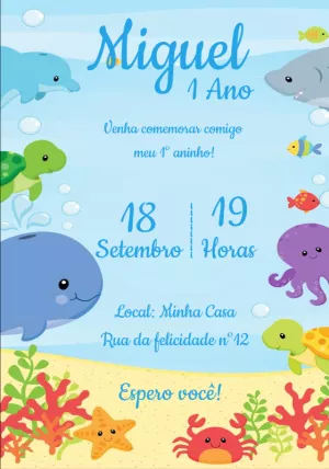 Convite de Aniversário Fundo do Mar Editável Online