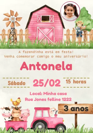 Convite Aniversário Fazendinha Rosa com Foto para Editar