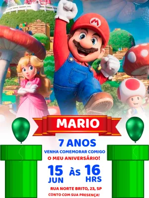 Convite de Aniversário Super Mario com Personagens para Editar