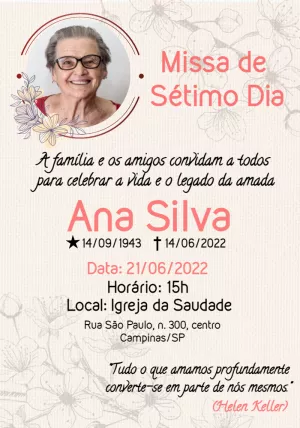 Convite Missa de Sétimo Dia com Foto Floral para Editar Online