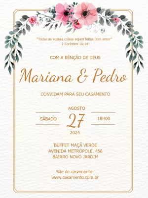 Convite de Casamento Floral Rosa Delicado para Editar Online