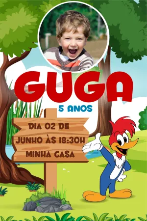 Convite de Aniversário Pica Pau com Foto para Editar Online