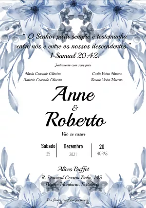 Convite de Casamento Floral Azul para Editar Online