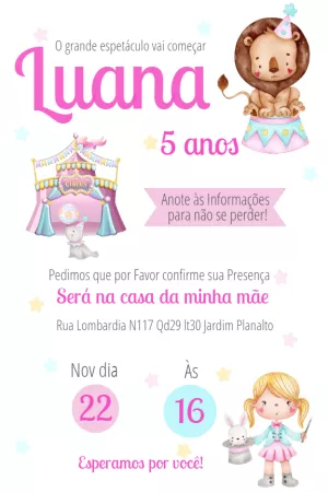 Convite Aniversário Circo Rosa com Animais para Editar Online
