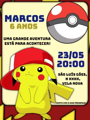 Convite de Aniversário Pokémon com Pikachu para Editar Online