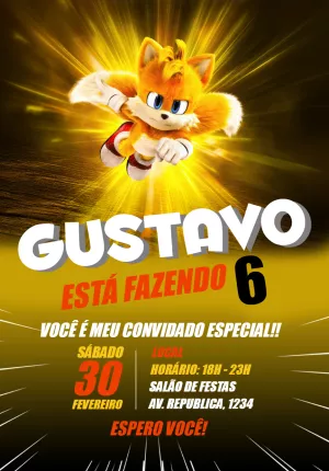Convite de Aniversário Tails do Sonic para Editar Online