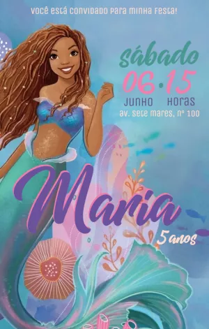 Convite de Aniversário Pequena Sereia Morena para Editar Online