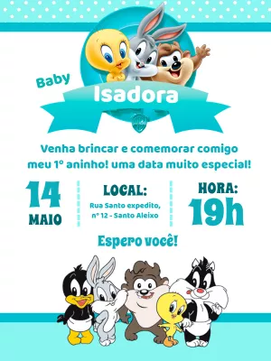 Convite Aniversário Looney Tunes Baby para Editar Online