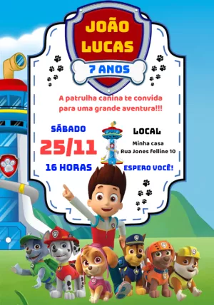 Convite de Aniversário Patrulha Canina para Editar Online