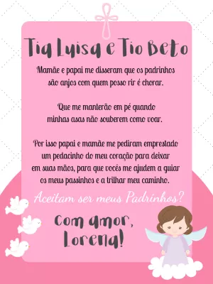 Convite para Padrinhos de Batismo Anjinha para Editar Online
