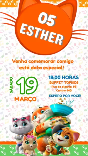 Convite Aniversário 44 Gatos com Personagens para Editar Online