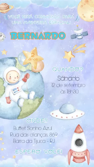 Convite de Aniversário Astronauta no Espaço para Editar Online