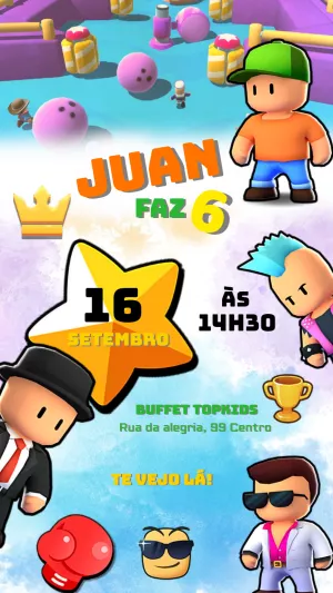 Convite Aniversário Stumble Guys com Personagens para Editar