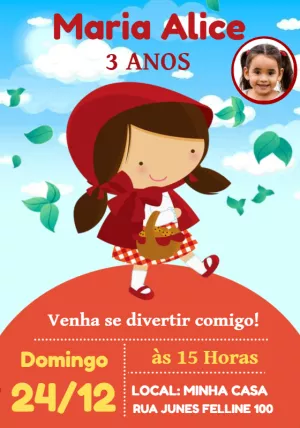 Convite Aniversário Chapeuzinho Vermelho com Foto para Editar