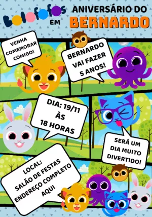 Invitación de cumpleaños Bolofofos – Estático – Montando a Sua Festa Oficial