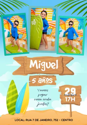 Convite Aniversário Surf com Foto para Editar Online