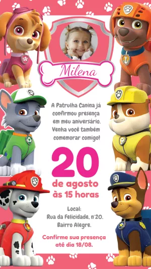 Convite Aniversário Patrulha Canina Skye com Foto para Editar