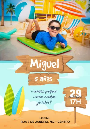 Convite de Aniversário Surf com Foto para Editar Online