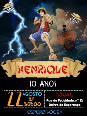 Convite de Aniversário One Piece com Luffy para Editar Online