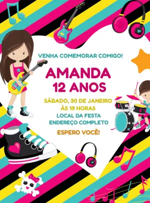 Convite Aniversário Rock and Roll Menina para Editar Online