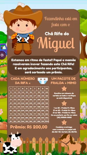 Convite Chá Rifa Fazendinha Menino Cowboy para Editar Online